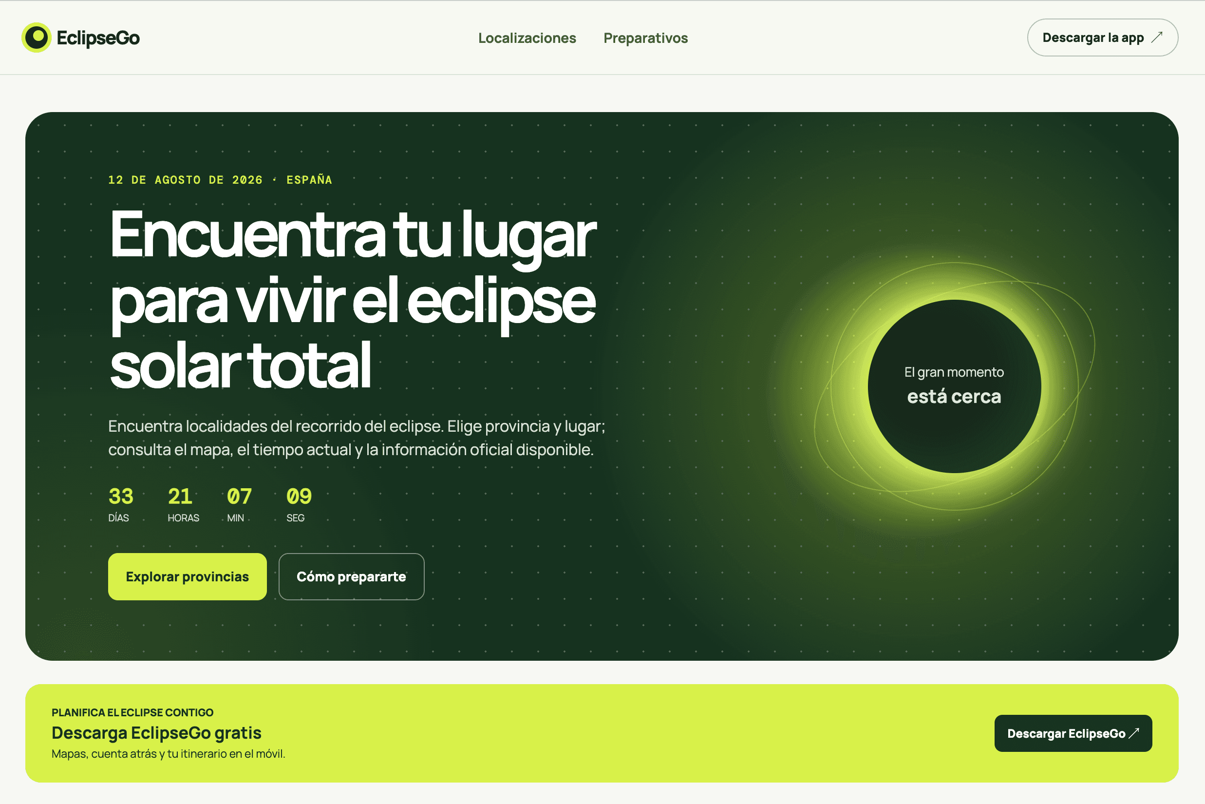Portada de EclipseGo, guía del eclipse solar total de 2026